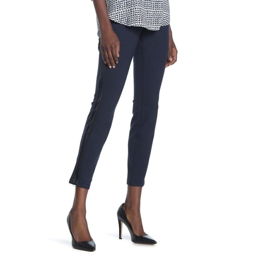 NYDJ Pull-On Faux Leather Stripe Pants, blue size 14